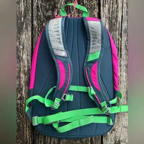 The North Face Vault Hiking Backpack Schoolbag Pink Lime Green Gray Used Cond Z7 - Picture 2 of 5